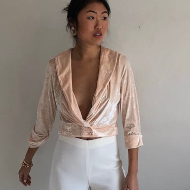 90s crushed velvet cropped blouse / vintage blush pink crushed stretch velvet plunging shawl collar double breasted wrap crop top blouse | M 
