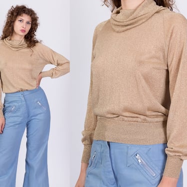 80s Gold Metallic Turtleneck - Small | Vintage RBK Importers Stretchy Knit Shirt 