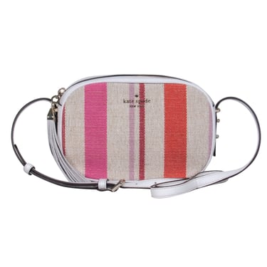 Kate Spade - White, Pink &amp; Red Striped Pebbled Leather &amp; Canvas Crossbody