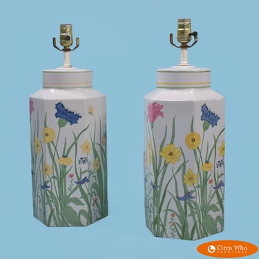 Pair of Hand Painted Floral Lamps