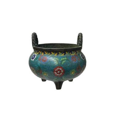 Vintage Turquoise Enamel Metal Round Ding Incense Burner Display Art JK304E 