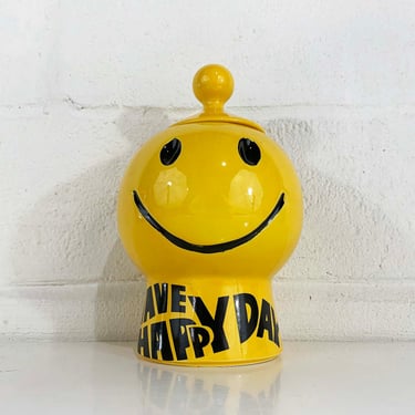 Vintage McCoy Smiley Face Cookie Jar Kitchen Canister Storage Have a Happy Day Yellow Black Cute Kitsch Kawaii 1970s 