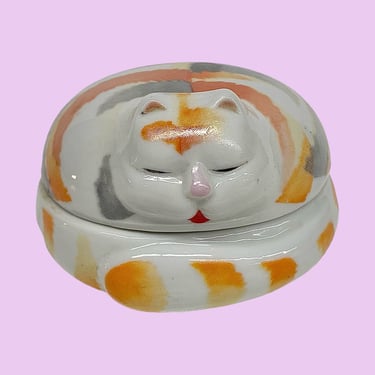 Vintage Cat Covered Ring Dish Retro 1980s Contemporary + By R.O.C + Ceramic + White + Orange + Tabby + Animal Home Decor + Storage + Taiwan 