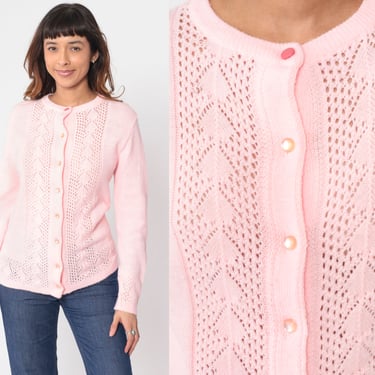 70s Baby Pink Cardigan Pointelle Knit Button up Sweater Open Weave Cutout Boho Pastel Grandma Cut Out Spring Acrylic Vintage 1970s Small S 