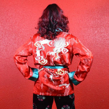 Vintage Dragon Embroidered Kimono Style Wrap Jacket 
