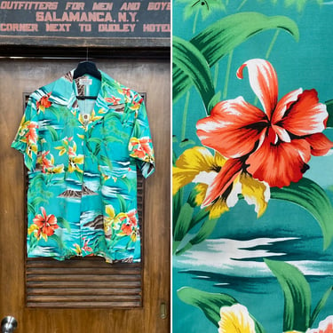 Vintage 1950’s “Penney’s” Tropical Floral Island Scene Rayon Hawaiian Shirt, Loop Collar, Original, 50’s Vintage Clothing 