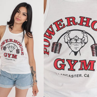 Powerhouse Gym Tank Top 90s Weightlifting Shirt Lancaster California Graphic Tee Low Armhole Weightlifter Sports White Vintage 1990s Medium 