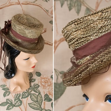 1940s Hat - Jaunty Sage Green 40s High Crown Tilt Topper with Wrapped Veiling 