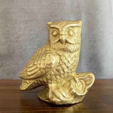 Vintage Brass Owl Figurine. Collectible Metal Paperweight Desk Accessory, Wise Old Bird Gift for Teacher , Grad, or Housewarming 