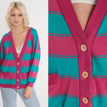 Striped Cardigan Sweatshirt 90s Pink Turquoise Button up Sweater Deep V Neck Slouchy Retro Sporty Casual Spring Vintage 1990s Large L 