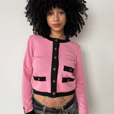 1980s Pink and Black Preppy Cardigan, sz. S-XL