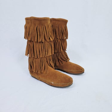 Minnetonka Brown Suede Tall Fring Moccasins Boots Sz 7 