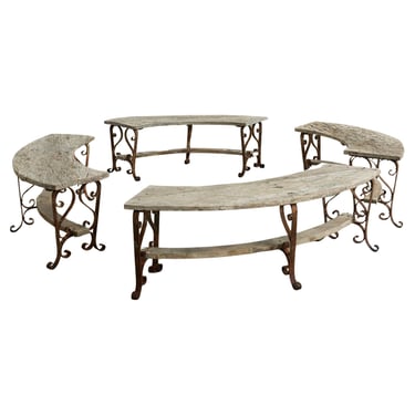 Set of Four Scrolled Iron Wood Garden Tree Benches