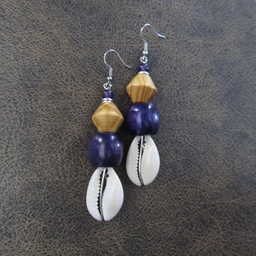 Cowrie shell and wooden earrings, purple earrings 