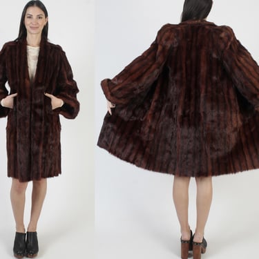 Art Deco Mink Coat, Vintage 50s Red Fur Jacket, Mid Length 40s Striped Overcoat 