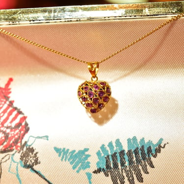 Vintage 18KT Gold Puffed Gemstone Heart Pendant W/ 10K Gold Necklace, Pinky Ruby & Blue Sapphire, Dainty Cable Chain,  18 1/4" L 
