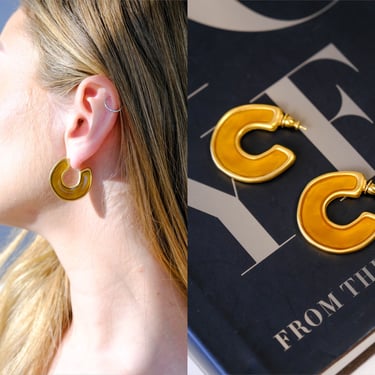 Vintage 80s Anne Klein Signed Gold Framed Enamel Hoop Earrings | Donna Karan Era Jewelry | 1980s Designer Statement Crescent Post Earrings 