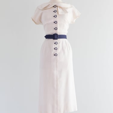 1950's Navy Blue &amp; White Linen Button Down Wiggle Dress By Sophie / Waist 28