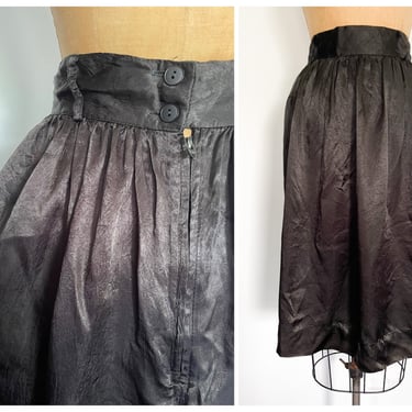 Vintage ‘80s black acetate shirt, gathered waist with belt loops, below the knee, XS/S 