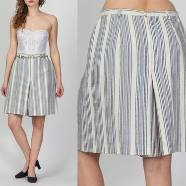 70s Striped High Waist Pleated Culotte Shorts - Large, 31" | Vintage Blue Ivory Long Wide Leg Shorts 