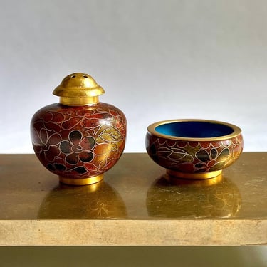 Vintage Chinoiserie Cloisonne Enamel Salt Cellar and Pepper Shaker - Brown Red Black Green Floral, Individual Salt Pepper, Asian, Brass 