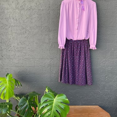 80s Periwinkle Button Up Blouse With Ruffle Collar and Cuffs