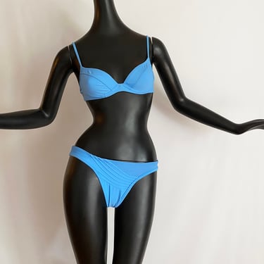 Rosa Cha Vintage 90s Brazilian Teeny Bikini Swimsuit | Light Blue Swirl Wave w/ Metal Logo Detail NOS New Old Stock Deadstock Made in Brazil 