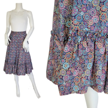 1970's Blue Floral Ditsy Print Rayon Prairie Skirt I Sz Med I Glendora 