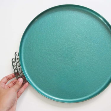 Vintage 50s Kyes Pasadena Mid Century Round Turquoise Blue Tray - MCM Hollywood Regency Bar Vanity Moire Glaze Table Top Tray 