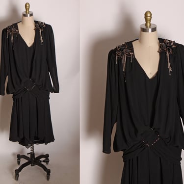 1980s Does 1920s Drop Waist Flapper Style Beaded Flowers Shoulder Detail Black Dress by Casadei -S 