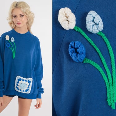 Blue Floral Sweatshirt 80s Flower Applique Shirt Vintage Raglan Sleeve Sweater Retro Kawaii Graphic Pullover 1980s Slouchy Large L 