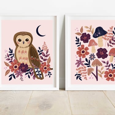 Set of 2 8 X 10 Woodland Illustrations/ Owl With Moon and Mushroom Floral Art Prints/ Forest Art Wall Decor/ Owl and Mushrooms Nursery Art 