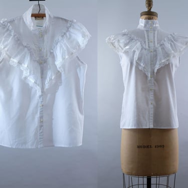 Vintage 70s Gunne Sax Jessicas Gunnies Ruffle Blouse - White Prairie Lace Sleeveless Top - Romantic Victorian Revival - Small 