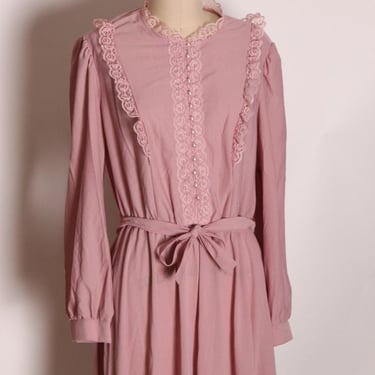 1970s Dusty Rose Pink Long Sleeve Lace Trim Fit and Flare Prairie Cottagecore Dress by Fredericks of Hollywood -XL 
