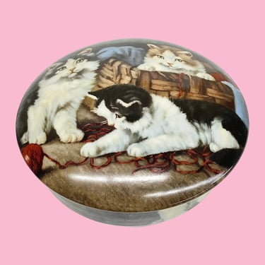 Vintage Covered Trinket Box Retro 1990s Farmhouse + D'Art Du Cruou + Kittens + Porcelain + Round w/ Lid + Cats + Home Decor + Made in France 