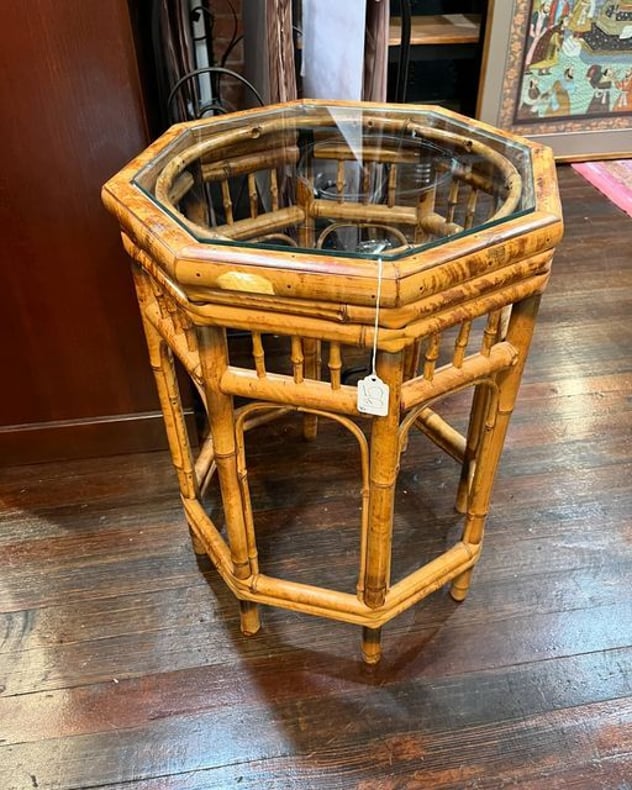 Glass top bamboo side table 19” x 18.5” x 23” 