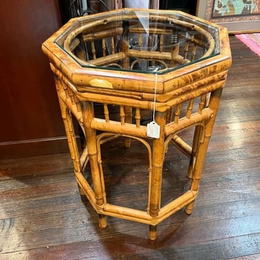 Glass top bamboo side table 19” x 18.5” x 23” 