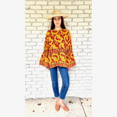 Indian Hand Blocked Tunic // vintage 70s mini dress blouse boho hippie hippy 1970s cotton India sun // O/S 