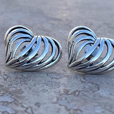 Vintage Sterling Silver Open Lined Heart Post Earrings 