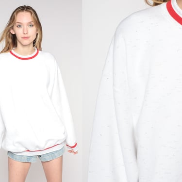 White Ringer Sweatshirt Grey Flecked Crewneck 90s Retro Slouchy Sweater 1990s Nerd Geek Vintage Long Sleeve 2xl xxl Plus Size 