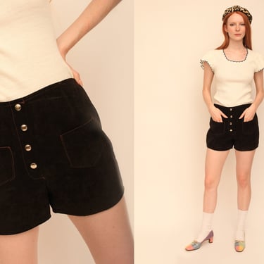 Vintage 1960s 60s Chocolate Brown Suede Leather High Waisted Shorts w/ Silver Clasp Hardware 