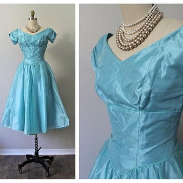 Vintage 1950s I Magnin of California Aqua Turquoise Blue Sheer SILK Organza Fit & Flare Event Party Dress // US 2 4 