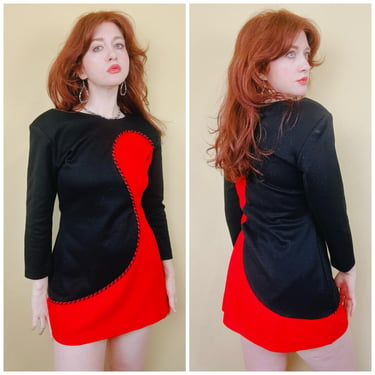 1980s Vintage Nicole Studio Acrylic Color Block Dress / 80s Red and Black Abstract Knit Min / Size Medium - Large 