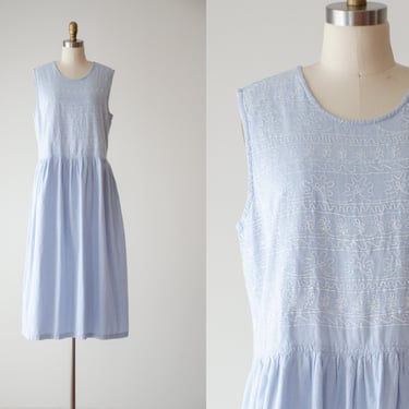 embroidered pinafore dress | 90s vintage pastel sky blue oversized sleeveless midi dress 