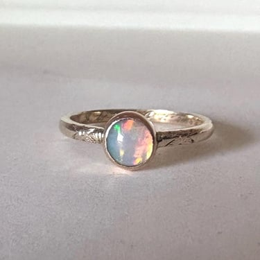 Ethiopian Opal in 14k gold bezel alternative engagement ring low profile using an upcycled engraved 1966 vintage band old gold new ring 
