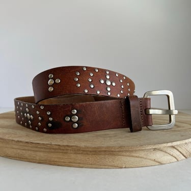 Vintage Handmade Brown Genuine Leather Silver Studded Worn in Western Belt - S/M 