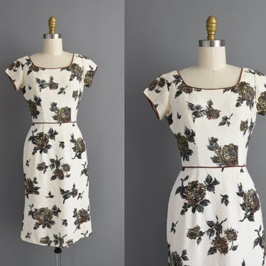 vintage 1950s dress | Beautiful Brown Rose Print Textured Cotton Wiggle Dress | XS | 50s dress 