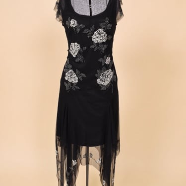 Black Sheer Beaded Handkerchief Dress By Sue Wong, M