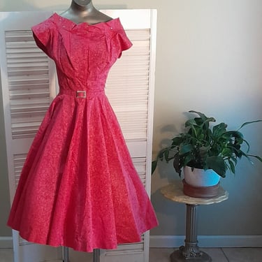 Vintage 50s  Moire Barbie Pink Party Dress W Handset Rhinestones / Cap Sleeves / xs 