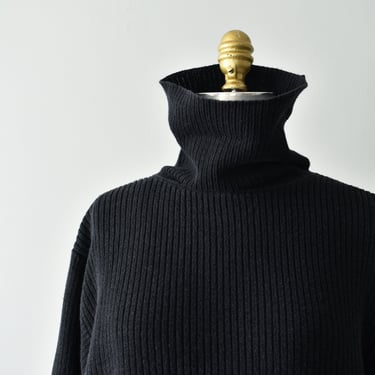 vintage ribbed turtleneck sweater, black cotton knit pullover, XL 